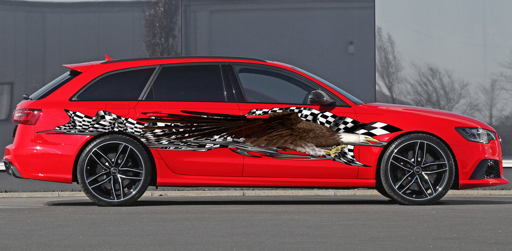 Bold eagle car wrap, Checkered flag car vinyl sticker, Racing flag car vinyl graphics, US eagle car side decal, American pride car wrap