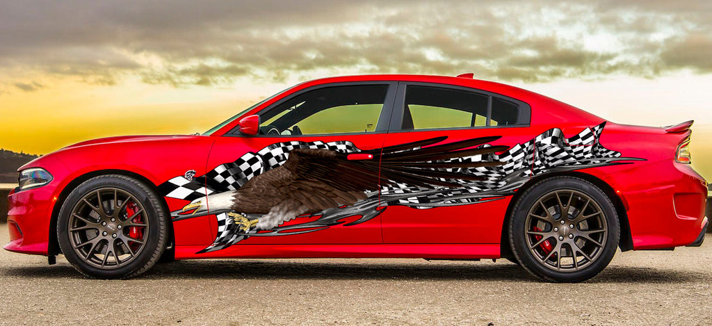Racing flag Full Color Car Side Graphics, Checkered flag Car Side Wrap, Bold Eagle Car Side Vinyl Decal, US Eagle Car Vinyl Sticker