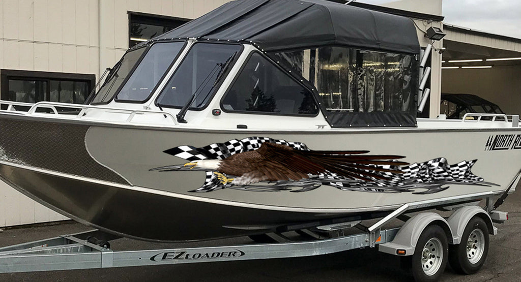 3D Racing flag Boat Graphics Ripped Metal Full Color Speed Boat Vinyl Design, Checkered flag Cigar Boat Wrap, Yacht Vinyl