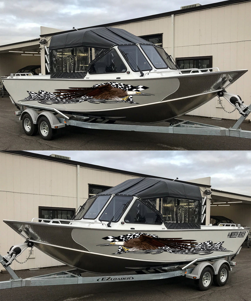 3D Racing flag Boat Graphics Ripped Metal Full Color Speed Boat Vinyl Design, Checkered flag Cigar Boat Wrap, Yacht Vinyl