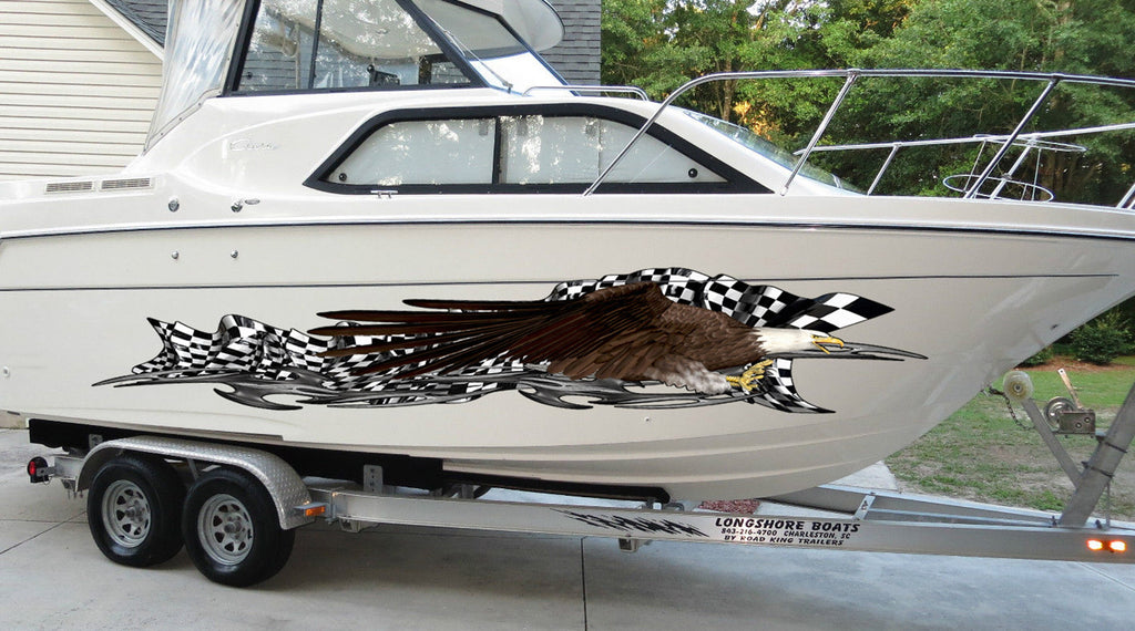 Checkered flag Ripped Metal Watercraft Vinyl, US eagle Cigar Boat Side Graphics, American pride Full Color Yacht Graphics