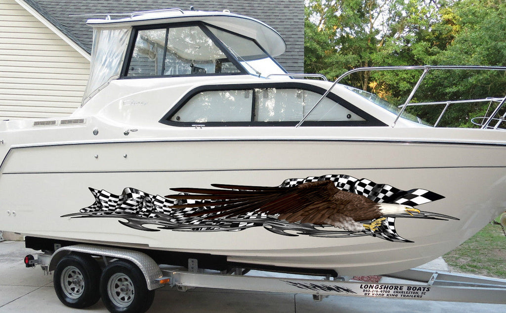 3D Racing flag Boat Graphics Ripped Metal Full Color Speed Boat Vinyl Design, Checkered flag Cigar Boat Wrap, Yacht Vinyl