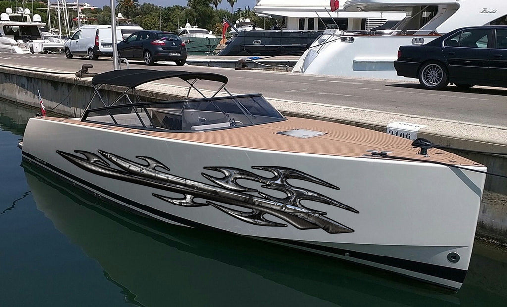 Tribal Ripped Metal Watercraft Vinyl, Tribal Cigar Boat Side Graphics, Full Color Yacht Graphics