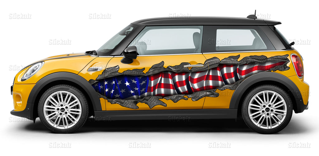US Flag car wrap, US Flag Ripped Metal car vinyl decal, US Pride car vinyl sticker, American flag car side design, Big flag decals