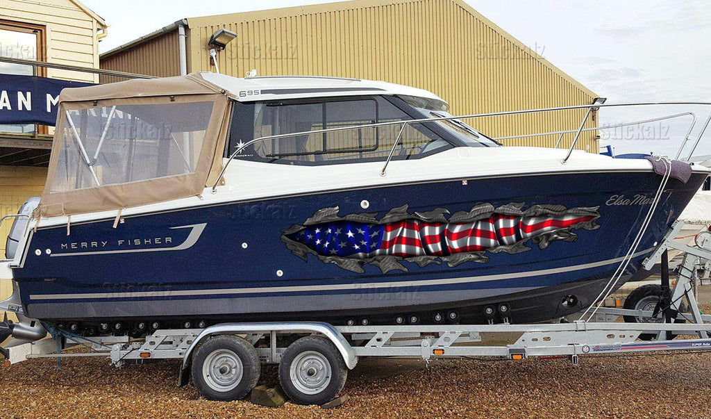 3D US Flag Boat Graphics Ripped Metal Full Color Speed Boat Vinyl Design, US Flag Cigar Boat Wrap, Yacht Vinyl, Watercraft Sticker Design