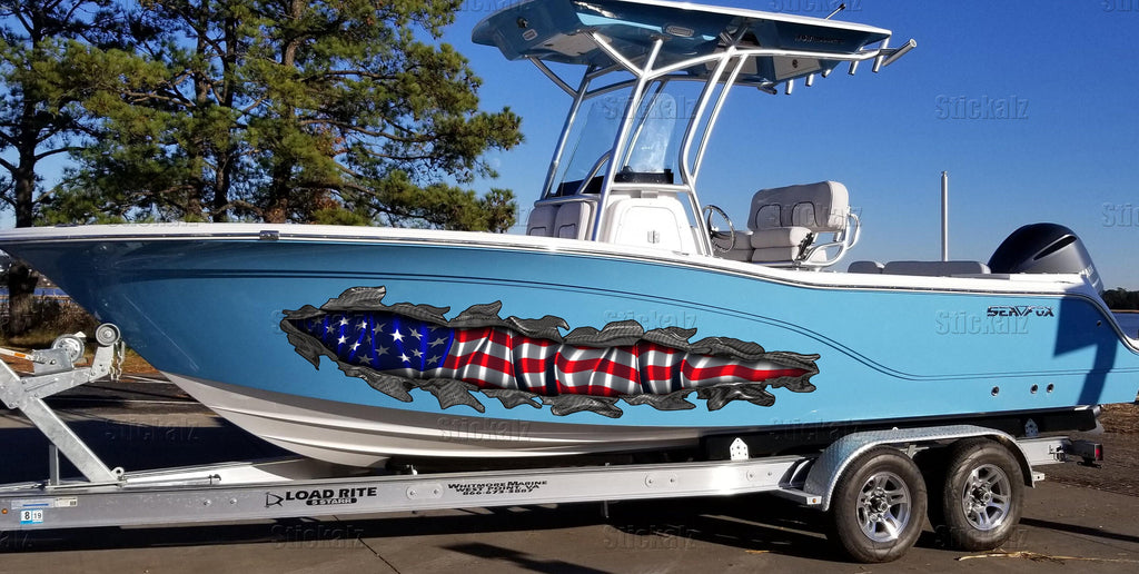 3D US Flag Boat Graphics Ripped Metal Full Color Speed Boat Vinyl Design, US Flag Cigar Boat Wrap, Yacht Vinyl, Watercraft Sticker Design