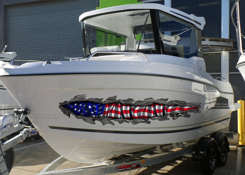 3D Watercraft Graphic USA flag Boat Wrap Ripped Metal Full Color Speed Boat Vinyl Design US flag Yacht Wrap Sticker,boat decals,