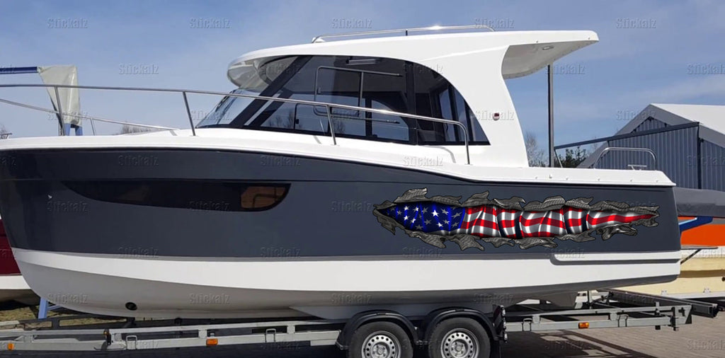 US Flag Ripped Metal Car Vinyl, Watercraft Wrap, US Pride Speed Boat Vinyl, Cigar Boat Wrap, Yacht 3D Graphic