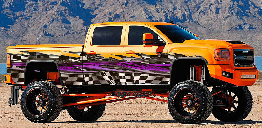 Racing Flag Car Vinyl Sticker, Checkered flag Jeep Side Graphics, Tribal Racing Ripped Metal Car Wrap, Flag Car Design