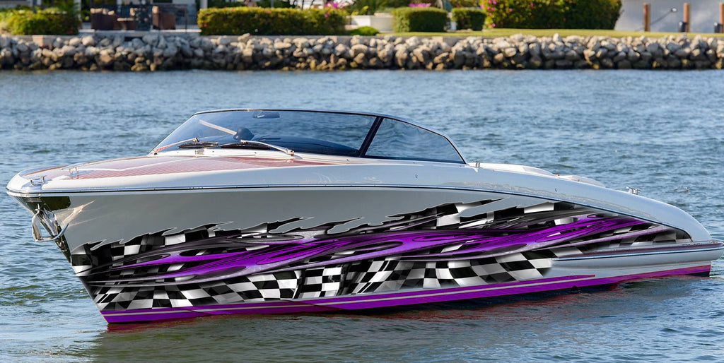 Racing flag Yacht Vinyl Sticker, 3D Checkered flag Boat Graphics, Ripped Metal Full Color Speed Boat Vinyl Design, Racing flag Boat Wrap