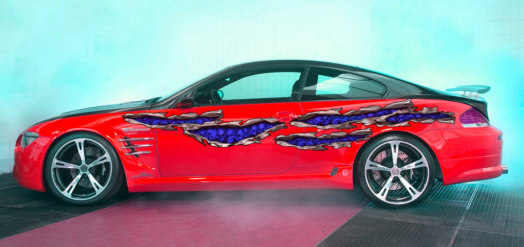 Skulls Racing Stripes Vinyl Decal, Ripped Metal Full Color Skull Car Vinyl Design, Skulls Car Wrap, Skull Car Sticker, 3D Design Car Decal