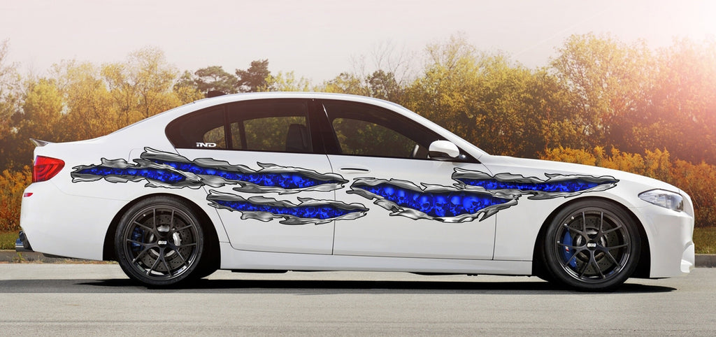 Skulls Racing Stripes Vinyl Decal, Ripped Metal Full Color Skull Car Vinyl Design, Skulls Car Wrap, Skull Car Sticker, 3D Design Car Decal