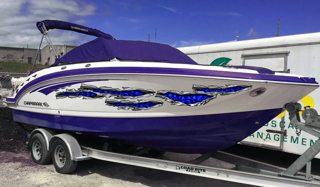 Ripped Metal Full Color Skulls Yacht Vinyl Sticker, Skull Boat Decals, Flag Watercraft Vinyl Graphics, Tribal Yacht Vinyl, Ranger Boat Wraps