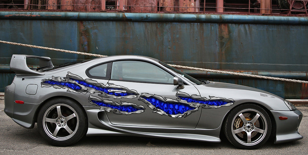 Flag Skulls street racing graphics, 3D Skull car vinyl decal, Ripped Metal Skulls car vinyl sticker, Car wrap sculls vinyl, Car wrap design
