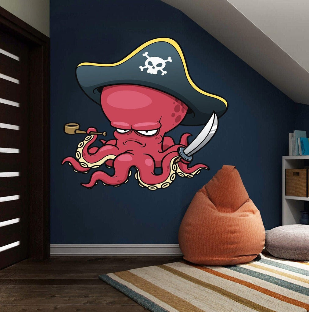 Octopus Pirate Wall decal, Octopus Pirate sticker modern art, Wall Sticker - Vinyl Tentacles Decal Multi Color kc-523