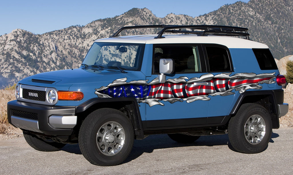 US Flag Car Vinyl Decal, US Pride Car Graphics, American Flag Car Wrap, USA Flag Ripped Metal Full Color Car Design, Patriotic Car Sticker