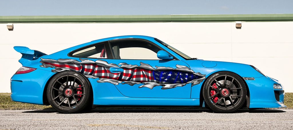 US Flag Ripped Metal car vinyl decal, US Flag car wrap, US Pride car vinyl sticker, American flag car side design, Big flag decals
