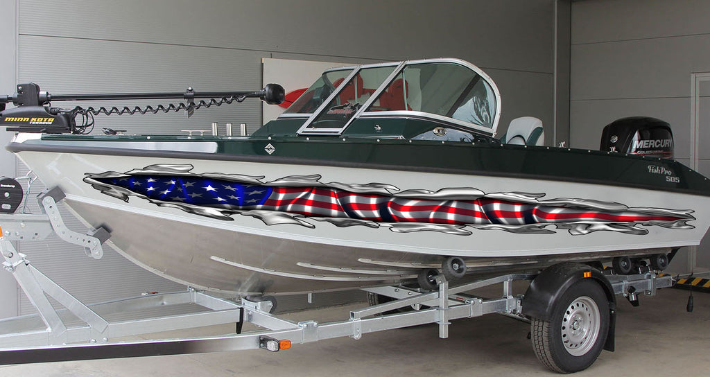 US Flag Ripped Metal Boat Vinyl Decal, USA Flag Cigar Boat Side Graphics, American Flag Full Color Yacht Wrap, Patriotic Boat Design