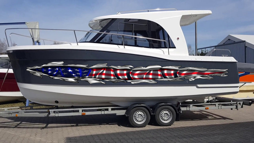 US Flag Ripped Metal Boat Vinyl Decal, USA Flag Cigar Boat Side Graphics, American Flag Full Color Yacht Wrap, Patriotic Boat Design