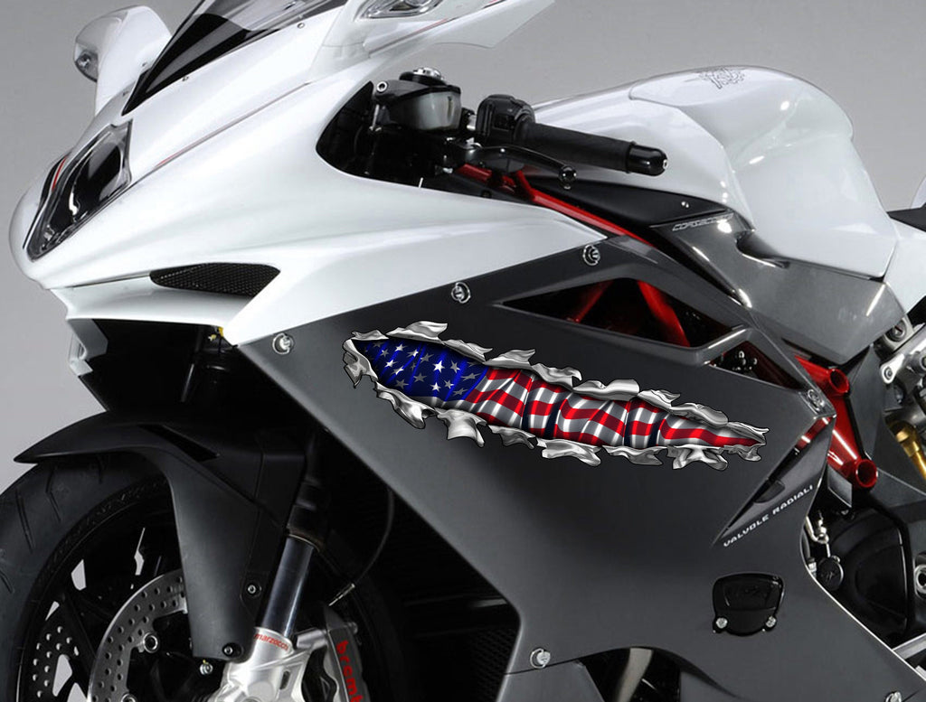US Flag bike vinyl side wrap, American flag bike vinyl decal, USA Flag crotch rocket vinyl graphics, Ripped Metal full color chopper design