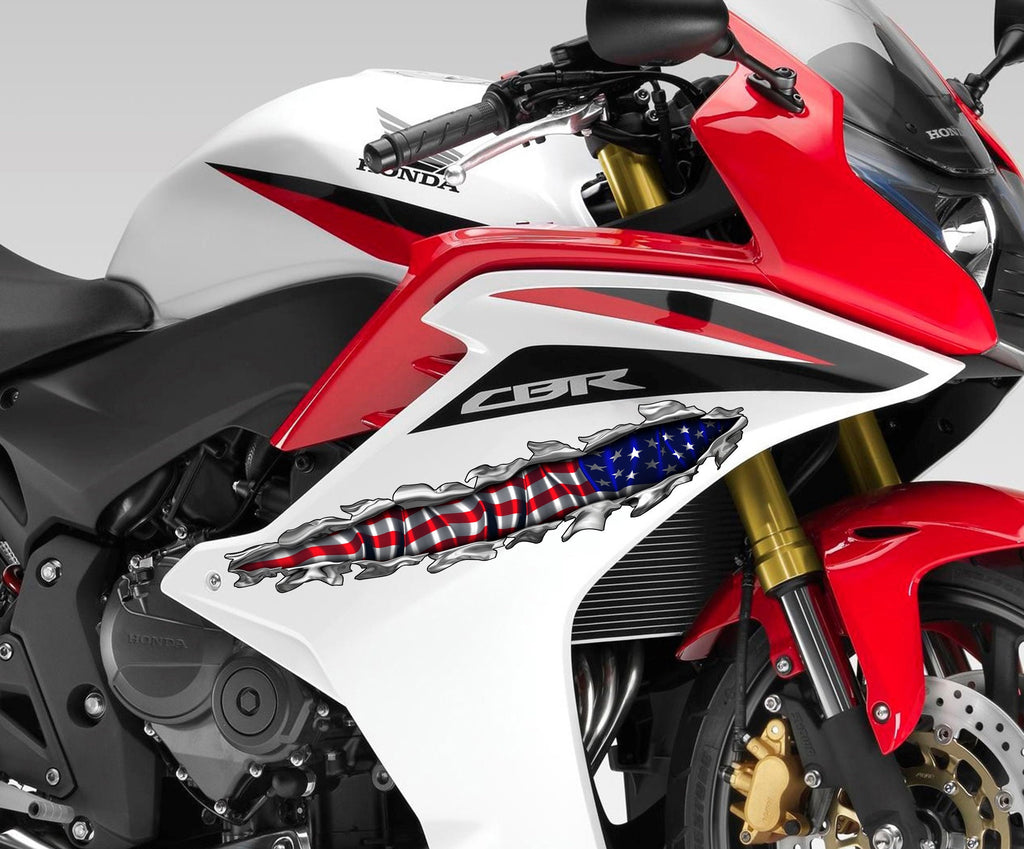 US Flag bike vinyl side wrap, American flag bike vinyl decal, USA Flag crotch rocket vinyl graphics, Ripped Metal full color chopper design