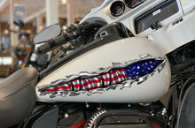 Load image into Gallery viewer, US Flag bike vinyl side wrap, American flag bike vinyl decal, USA Flag crotch rocket vinyl graphics, Ripped Metal full color chopper design