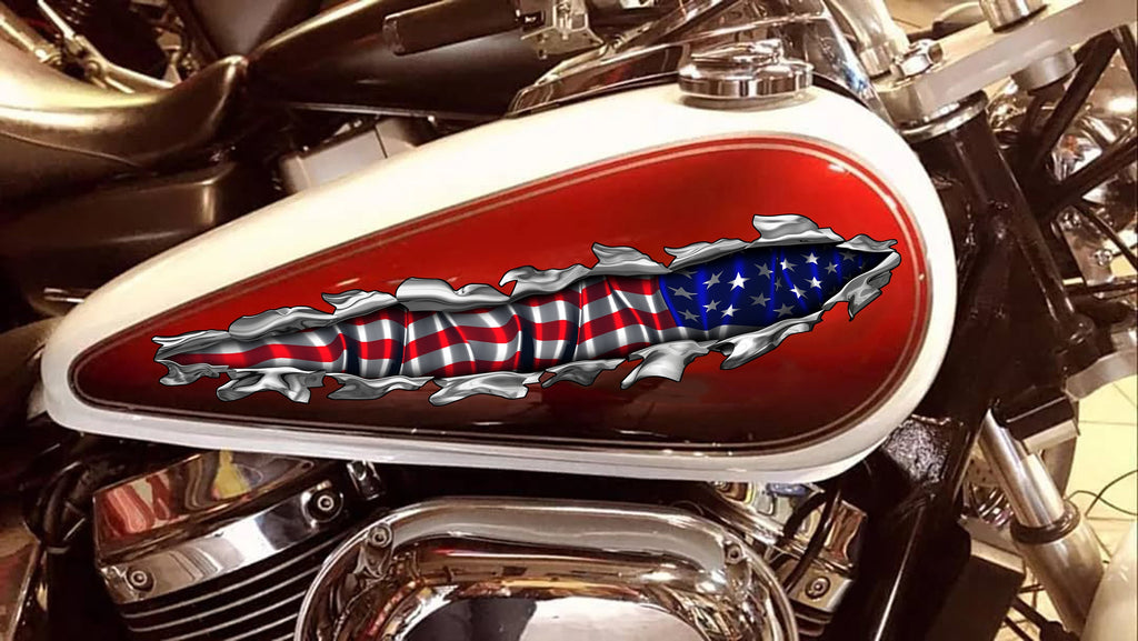 US Flag bike vinyl side wrap, American flag bike vinyl decal, USA Flag crotch rocket vinyl graphics, Ripped Metal full color chopper design