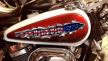 Load image into Gallery viewer, US Flag bike vinyl side wrap, American flag bike vinyl decal, USA Flag crotch rocket vinyl graphics, Ripped Metal full color chopper design
