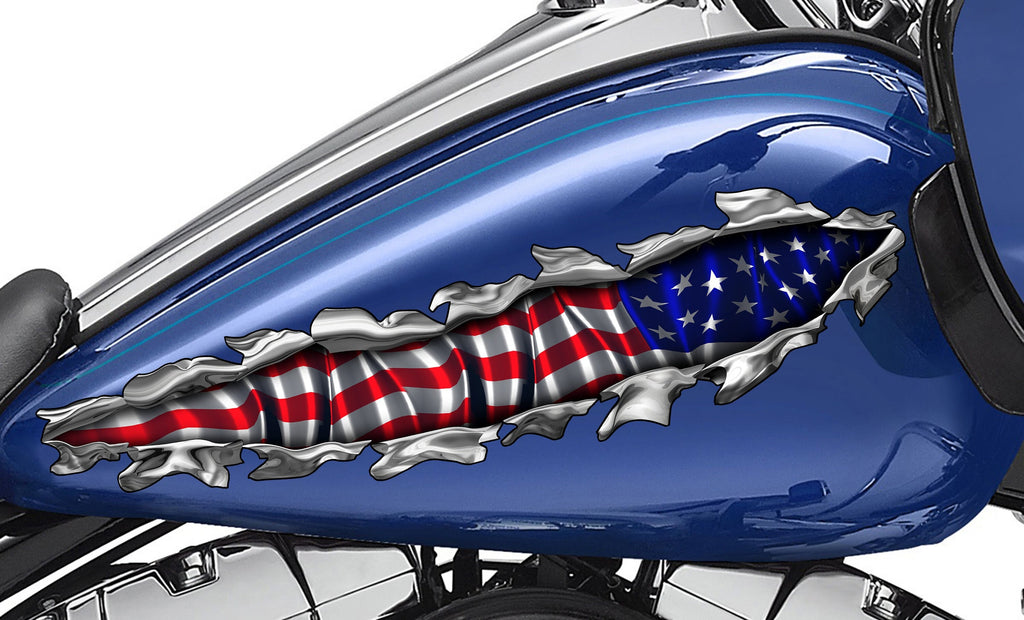 US Flag bike vinyl side wrap, American flag bike vinyl decal, USA Flag crotch rocket vinyl graphics, Ripped Metal full color chopper design