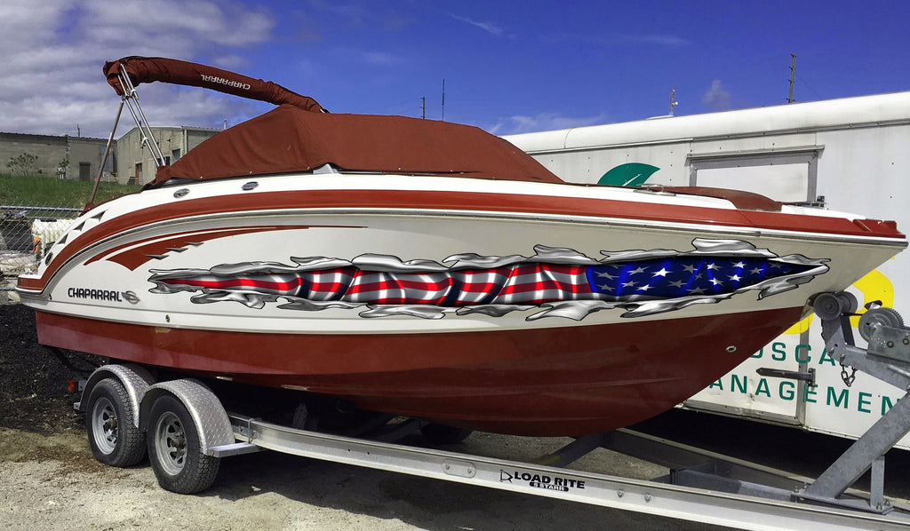 US Flag ripped metal car vinyl decal, US Pride speed boat vinyl graphic, Watercraft Wrap, American flag cigar boat wrap, Yacht 3D sticker