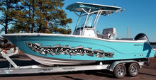 Load image into Gallery viewer, Racing flag Yacht Boat Vinyl Sticker, Checkered flag Yacht Graphics, Ripped Metal Full Color Speed Boat Vinyl Design, Racing flag Boat Wrap