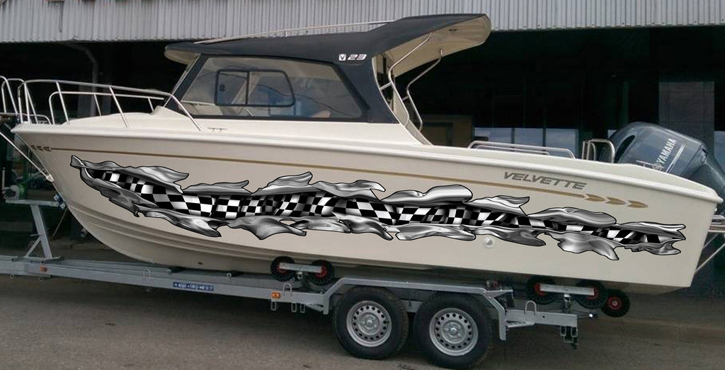 Racing flag Yacht Boat Vinyl Sticker, Checkered flag Yacht Graphics, Ripped Metal Full Color Speed Boat Vinyl Design, Racing flag Boat Wrap
