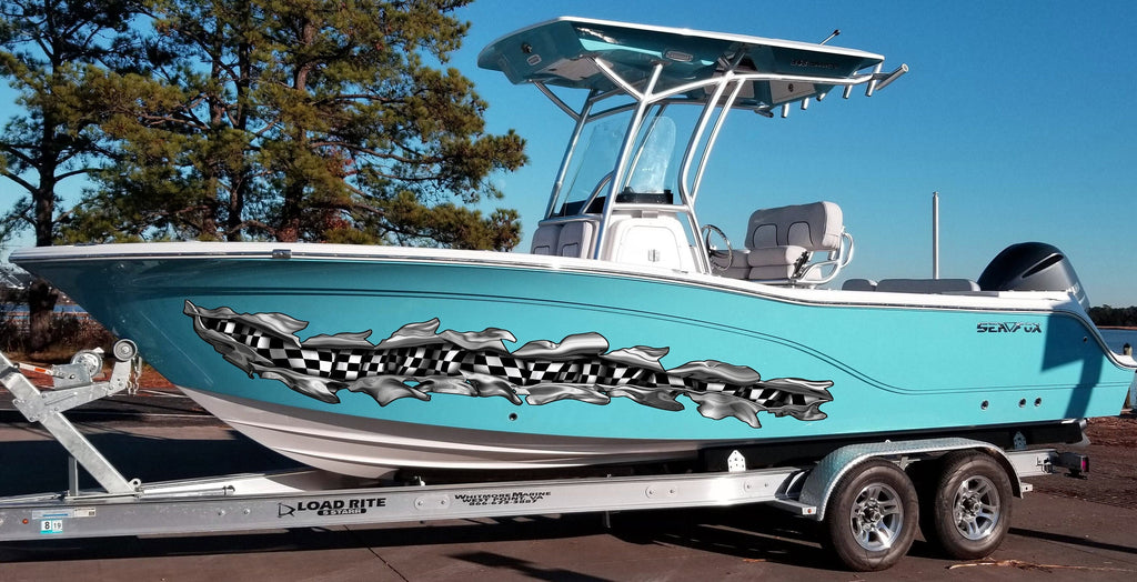 Checkered flag boat vinyl side wrap, Racing flag boat vinyl side sticker, Checkered flag Ripped Metal full color Watercraft vinyl design