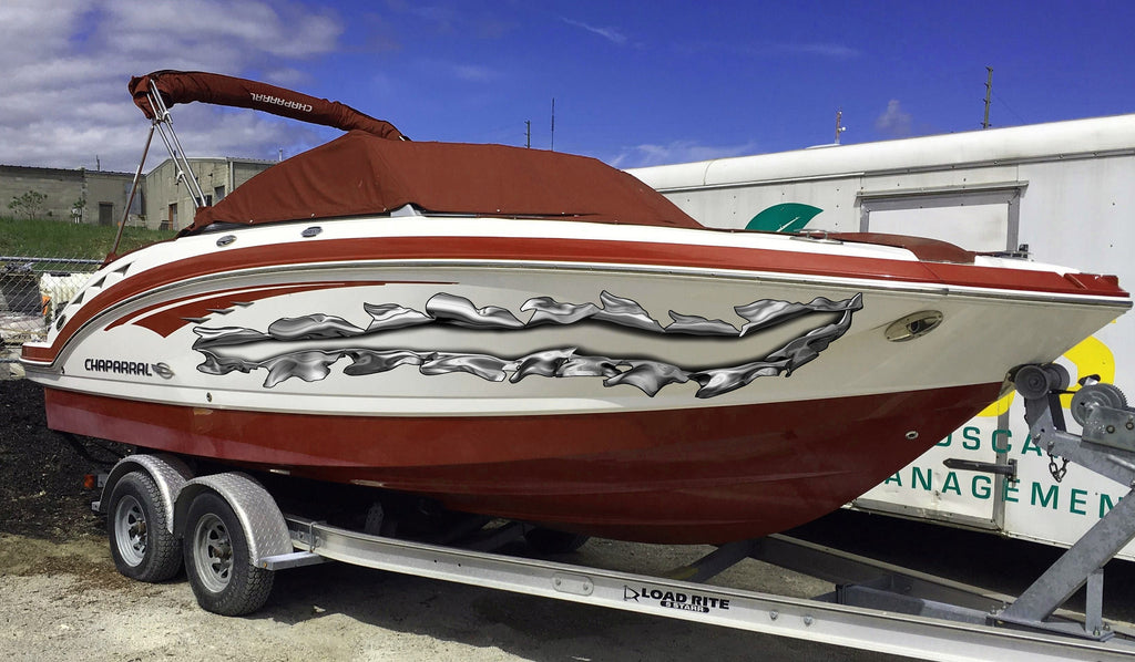 Ripped Metal Boat Vinyl Sticker, Ripped Metal Yacht Graphics, Ripped Metal Full Color Boat Vinyl Design, Ripped Metal Boat Wrap
