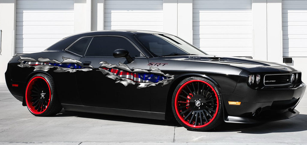 US Flag car wrap, American Pride Ripped Metal full color car vinyl design, USA Flag car vinyl decal, Patriotic car vinyl side sticker