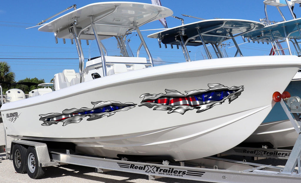 American Pride boat Decals-Yacht, US flag boat decal, American Flag cigar boat vinyl side wrap, Patriotic Ripped Metal boat vinyl sticker