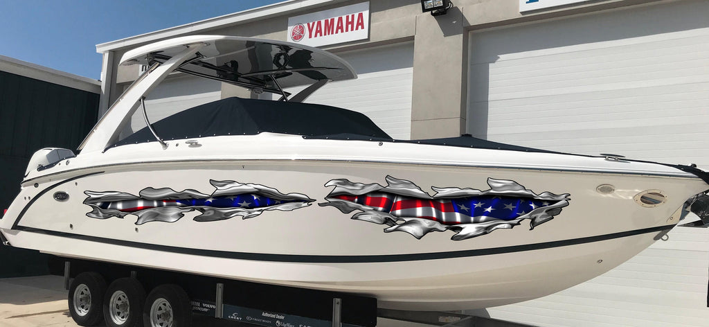 American Pride boat Decals-Yacht, US flag boat decal, American Flag cigar boat vinyl side wrap, Patriotic Ripped Metal boat vinyl sticker
