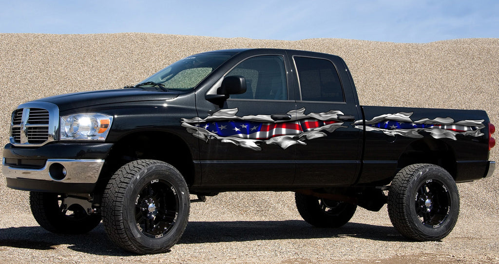 US Pride car vinyl decal, USA Flag Full Color car side graphics, 3D US Flag car side wrap, American pride Ripped Metal car vinyl design