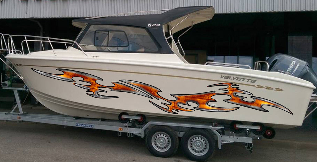 3D Tribal Boat Full Color Vinyl Sticker, Tribal Watercraft Vinyl Decal, Tribal Speed Boat Vinyl Graphics, Tribal Racing Stripes Boat Sticker
