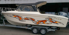 Load image into Gallery viewer, Tribal Boat Full Color Vinyl Sticker, Watercraft Vinyl Decal, Sword Speed Boat Graphics Decal, Tribal Racing Stripes Designer Sticker