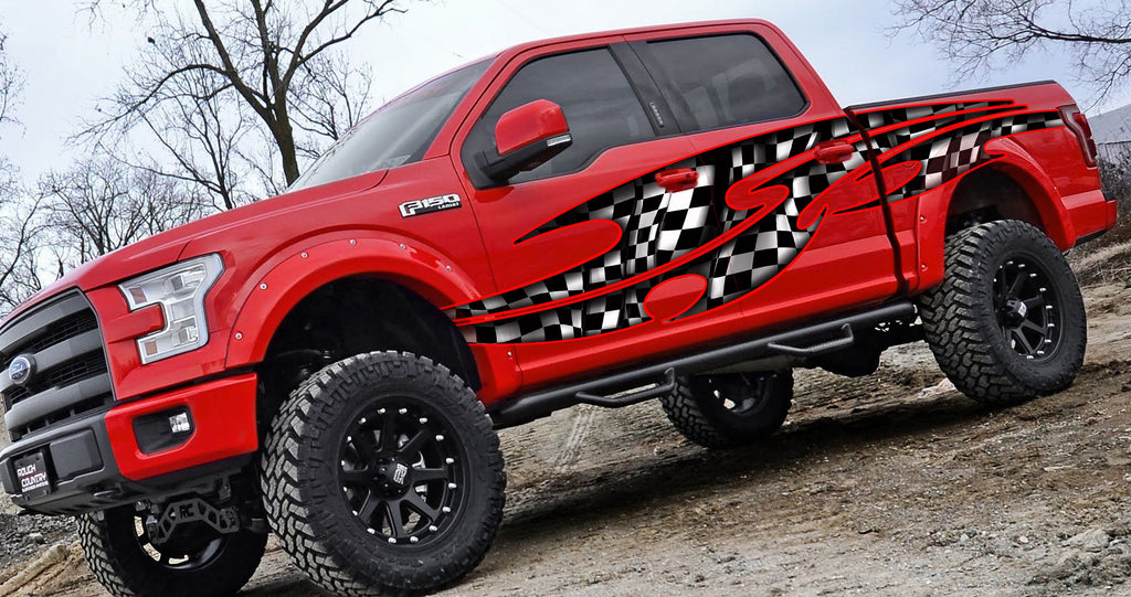 3D Checkered Flag Truck Graphics, Checkered Flag Truck Side Full Color Vinyl Sticker, Racing Flag Truck Vinyl, Checkered Flag Car Sticker