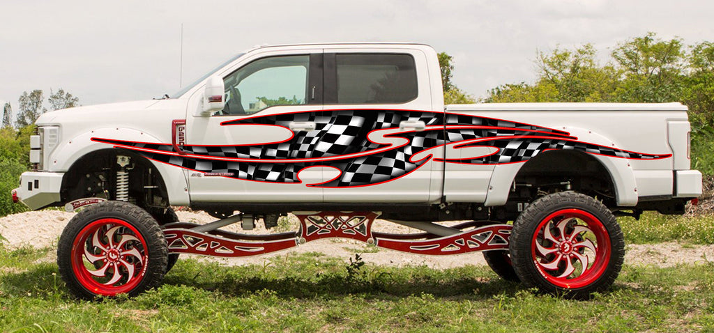 Checkered Flag Truck Wrap, Racing Flag Truck Vinyl, Racing Flag Car Vinyl Decal, Racing Flag Ripped Metal Full Color Car Vinyl Design