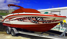 Load image into Gallery viewer, Racing Flag Boat Sticker, Checkered Flag Boat Full Color Vinyl Decal, Watercraft Vinyl, Speed Boat Graphics Decal, Racing Flag Boat Wrap