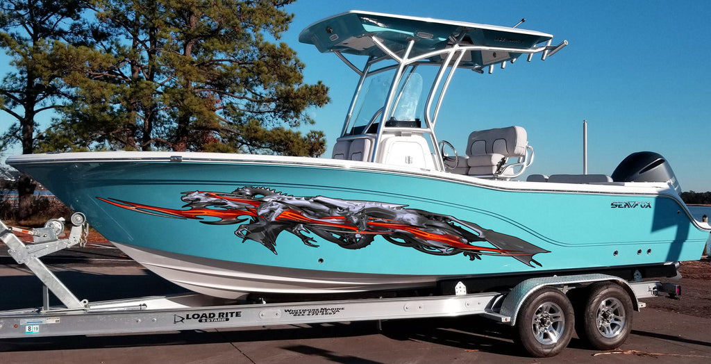 3D Dragons Boat Graphics, Lizard Full Color Speed Boat Vinyl Design, Dragon Cigar Boat Wrap, Lizard Yacht Vinyl Sticker