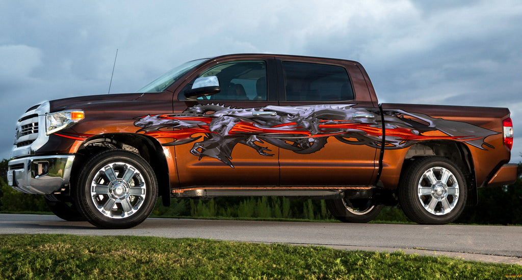 3D Dragons racing stripes vinyl side graphics, Lizard full color car side graphics, Dragon car vinyl design, Lizard car side wrap