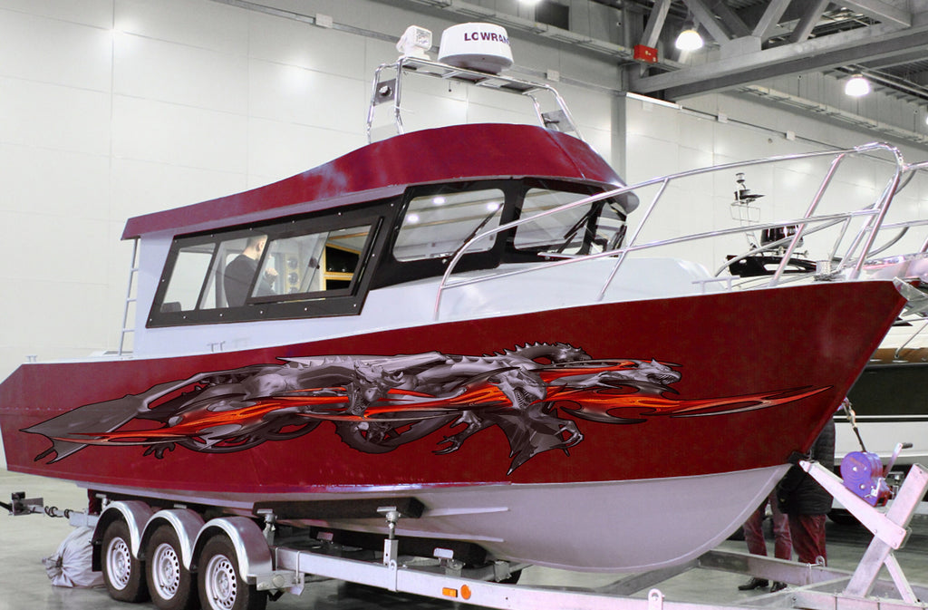 Flames Dragons Boat Vinyl Wrap, Dragons Watercraft stickers, Tribal Yacht Decals, 3D Dragon Boat Vinyl Graphics