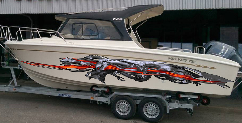 Flames Dragons Boat Vinyl Wrap, Dragons Watercraft stickers, Tribal Yacht Decals, 3D Dragon Boat Vinyl Graphics
