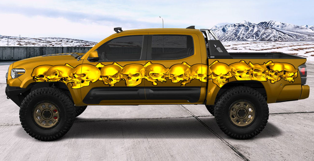 3D Skulls car side wrap, Skull car racing stripes, Car side tribal skulls graphic, Skull car sticker, Skulls car side vinyl decal