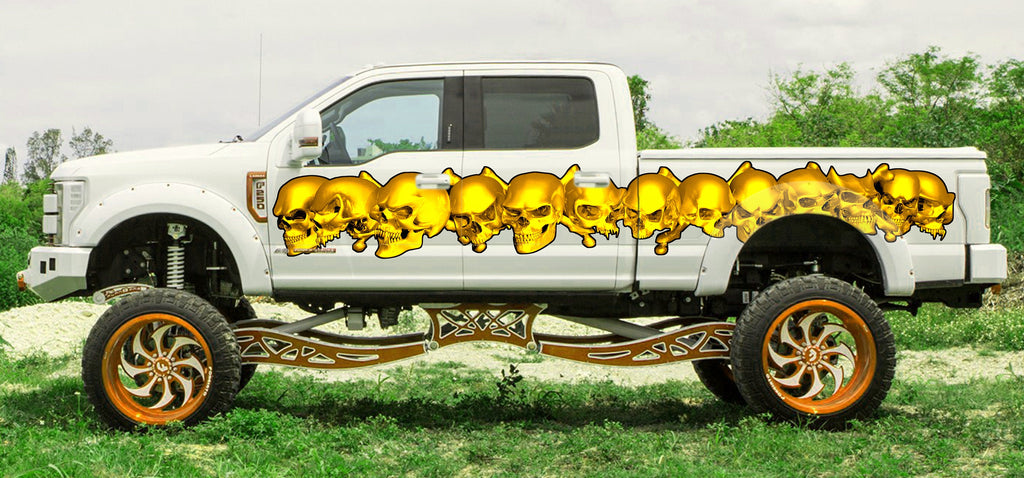 3D Skulls car side wrap, Skull car racing stripes, Car side tribal skulls graphic, Skull car sticker, Skulls car side vinyl decal
