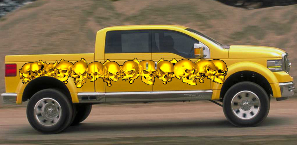 3D Skulls car side wrap, Skull car racing stripes, Car side tribal skulls graphic, Skull car sticker, Skulls car side vinyl decal